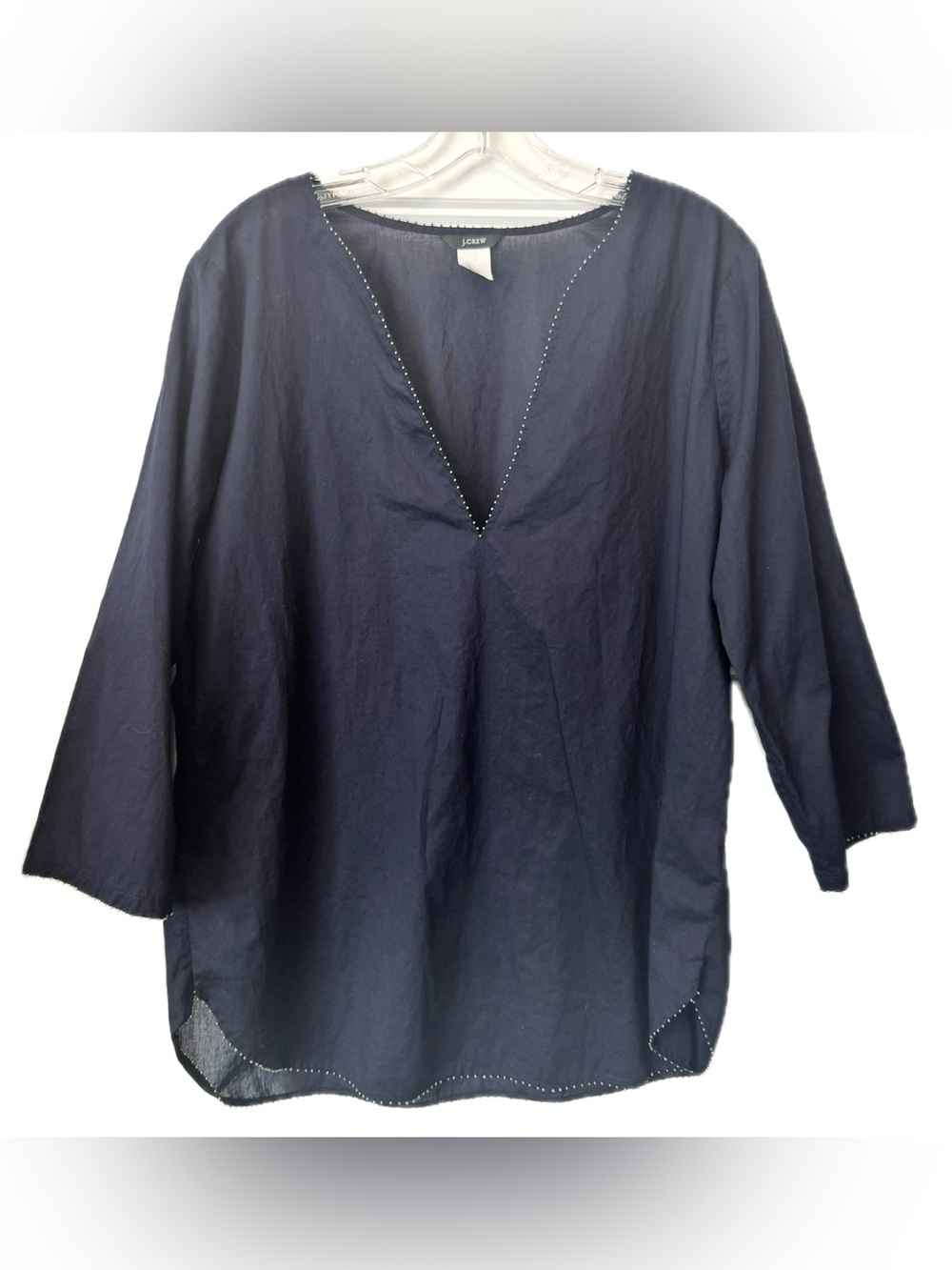 J.Crew Navy Cotton Tunic Blouse Studded Trim V Neck Lightweight Coastal Top LG